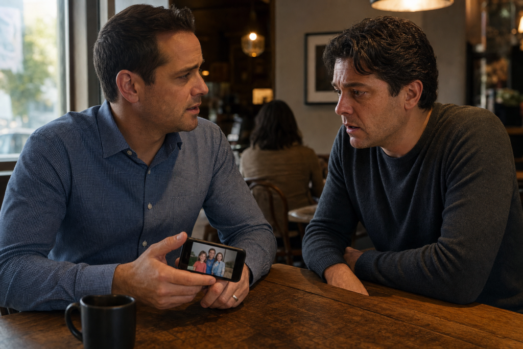 Two childhood friends in a café as one reacts with shock to a family photograph
