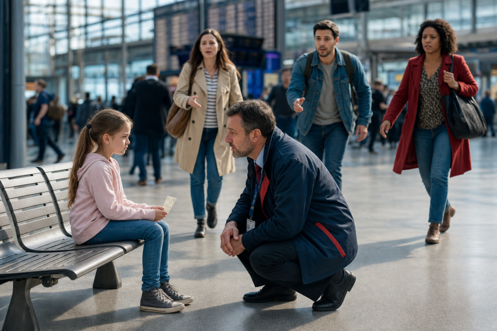 Station employee speaks with a girl as three adults approach in a busy train station