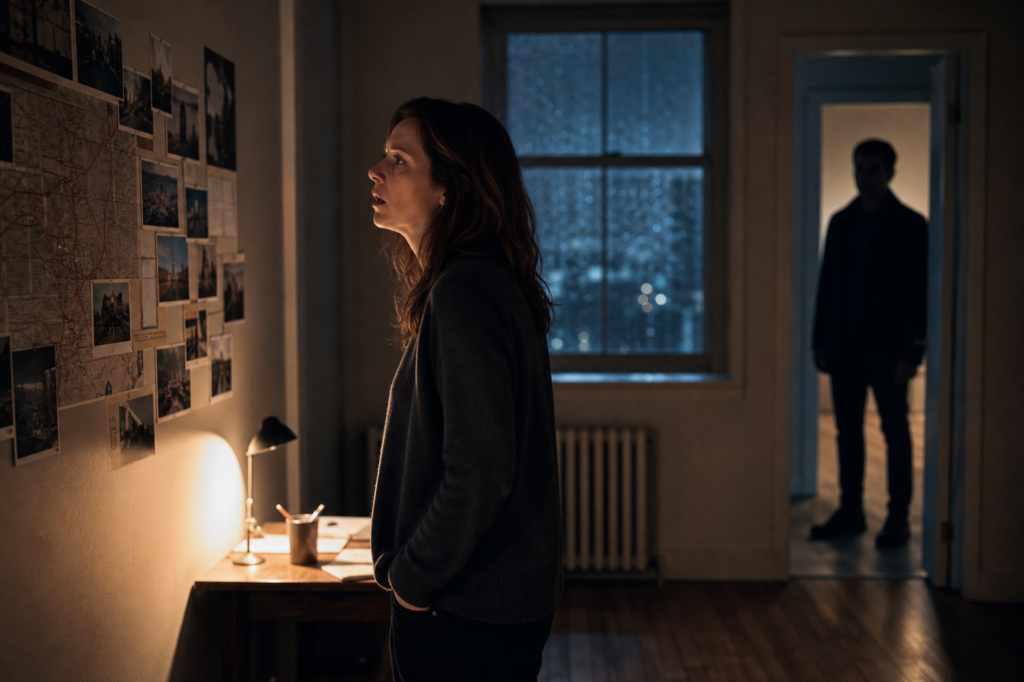 Woman discovering photographs inside her husband’s secret apartment