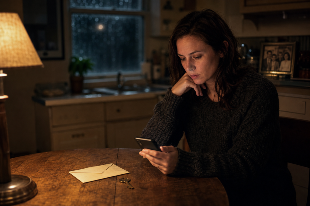 Woman listening to a mysterious voice message beside an envelope and brass key