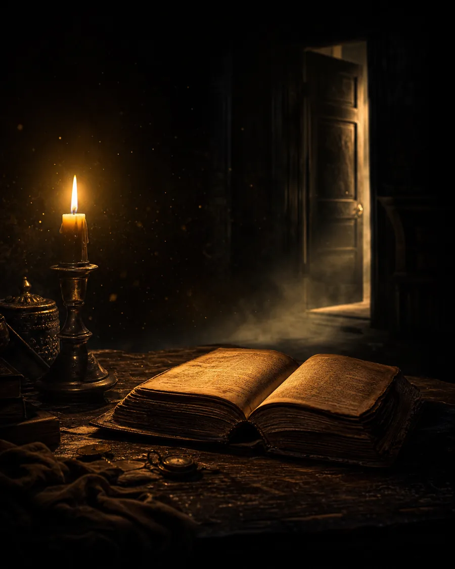 Dark mystery story scene with an open book and candle