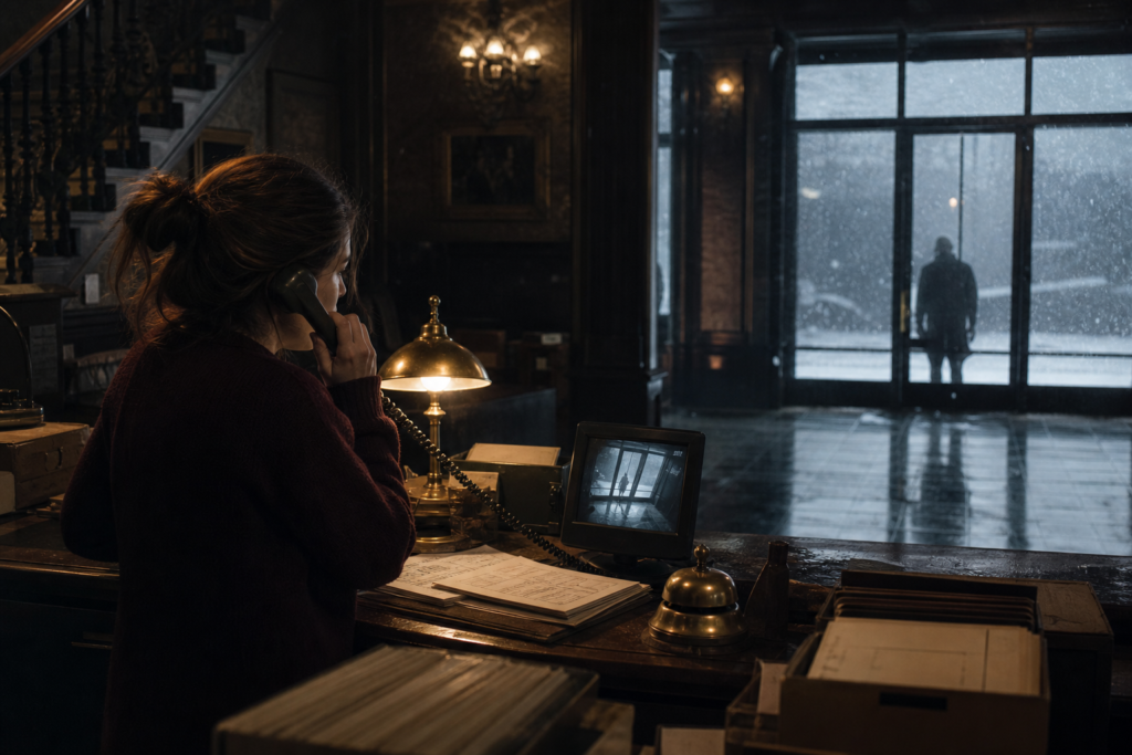 Night archivist watching a stranger outside a closed hotel during a snowstorm