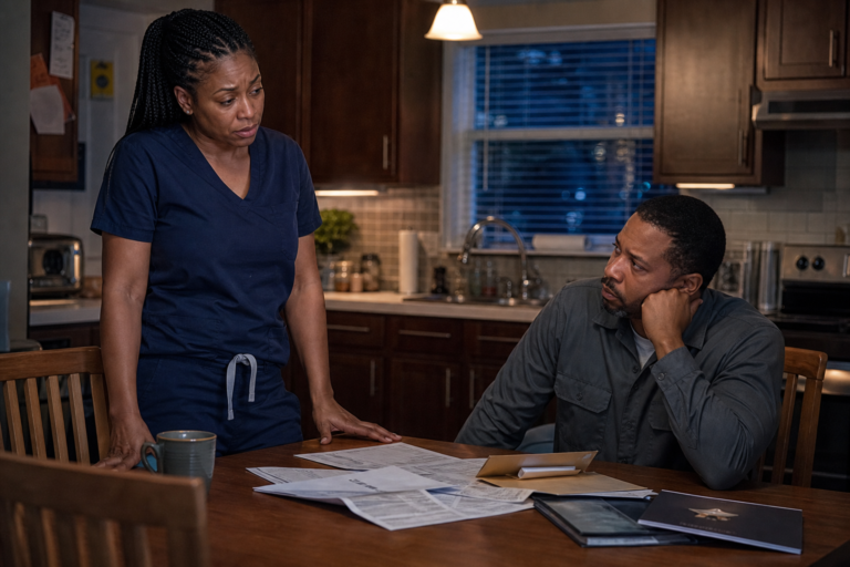 Black married couple discuss hidden mortgage debt at their kitchen table