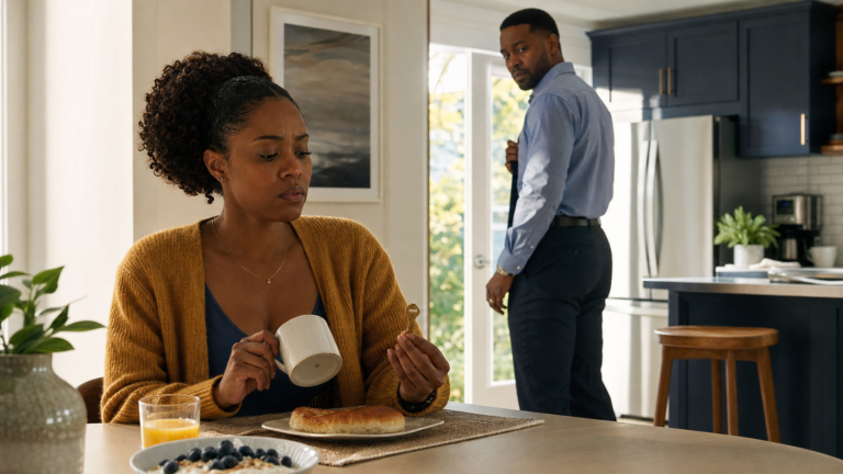Black woman holding a brass key at breakfast while her husband looks back from the doorway