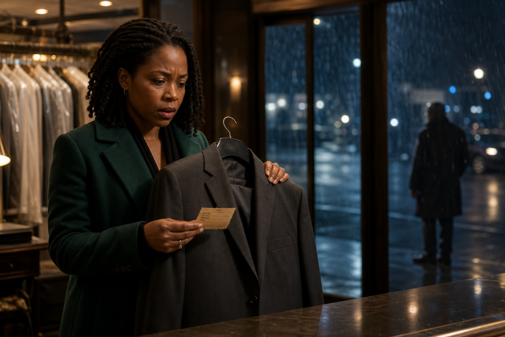 Black woman discovers her late father's suit at a dry cleaner on a rainy night