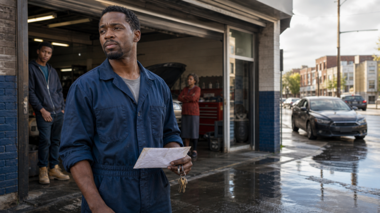 Darius Cole standing outside his reopened neighborhood auto repair garage in daylight