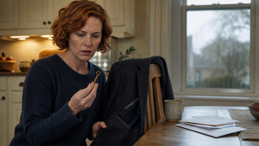 Red-haired woman discovers a warm brass key in her husband’s coat