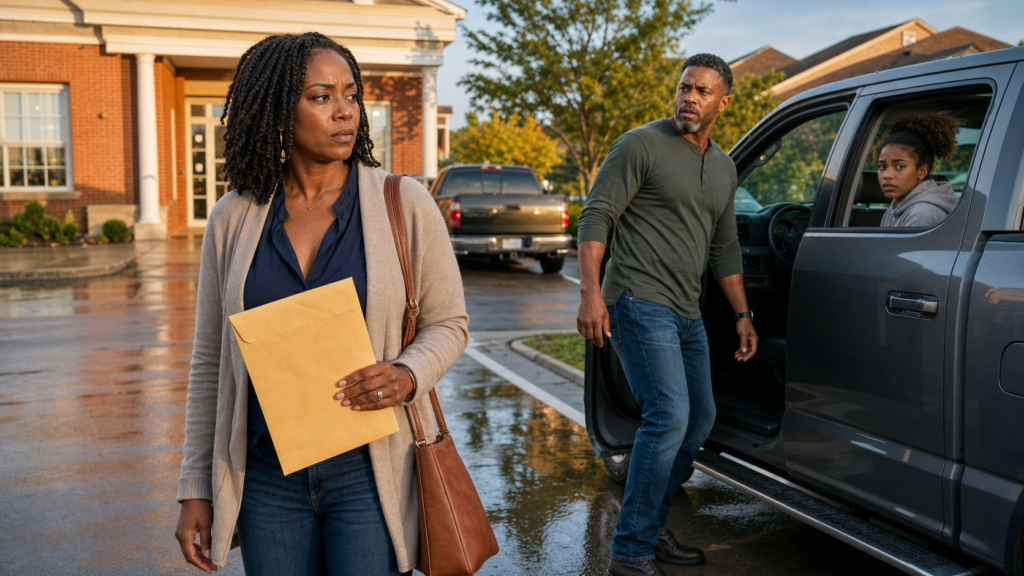Black American woman carrying bank documents as her husband approaches outside
