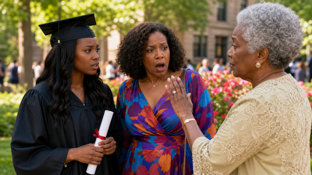 Black mother meets an older woman wearing her late mother’s ring at her daughter’s graduation