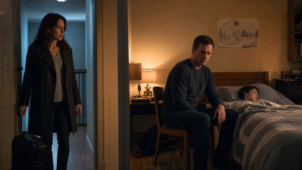 Claire discovers her husband beside a sleeping teenage boy in the locked bedroom
