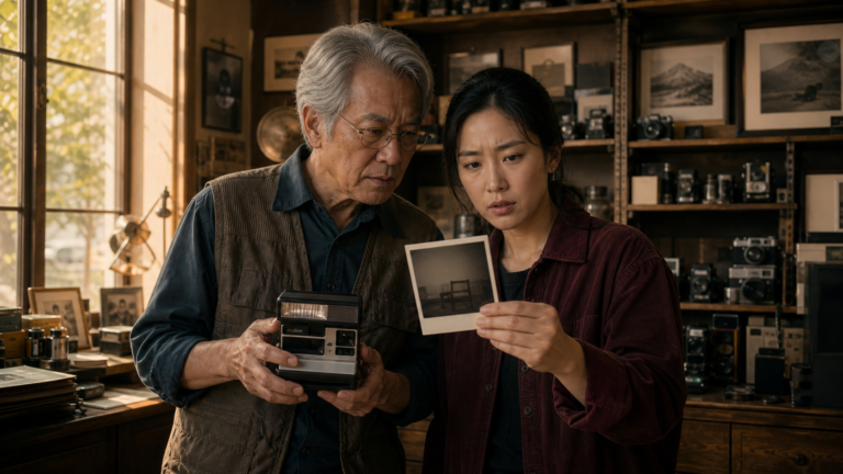 East Asian father and daughter examine a photograph dated tomorrow in an old camera studio