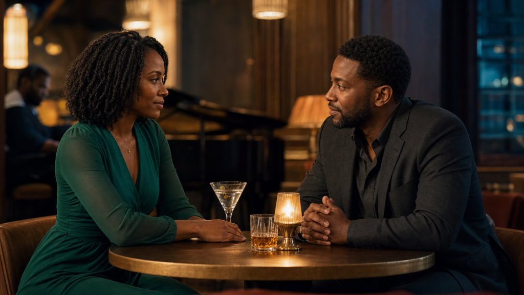 Black married couple meet as strangers in a warm hotel jazz bar