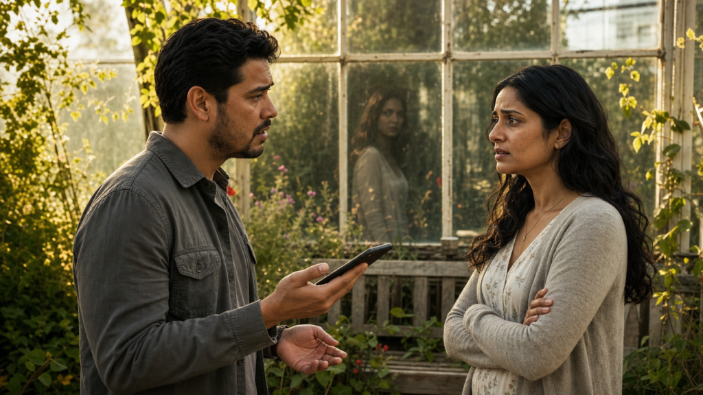 The woman who told me to leave my wife appears in a greenhouse reflection during my confession